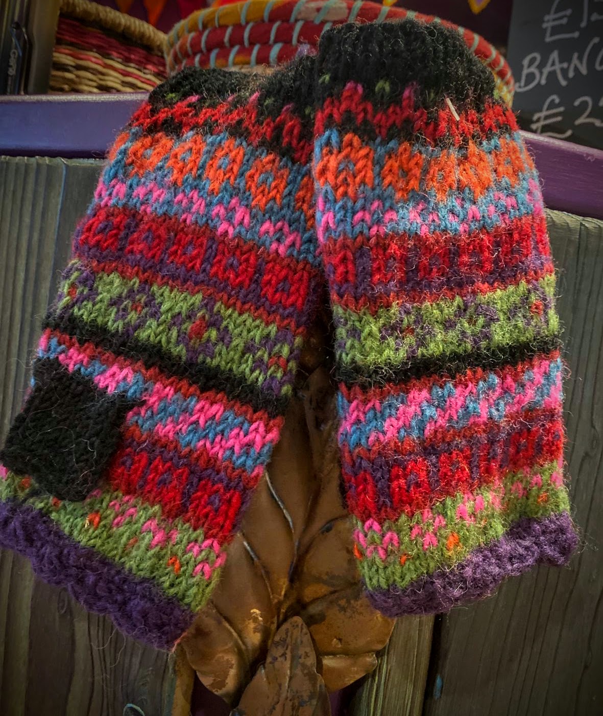 Fair Isle Hand Knitted Hand Warmers - Purple