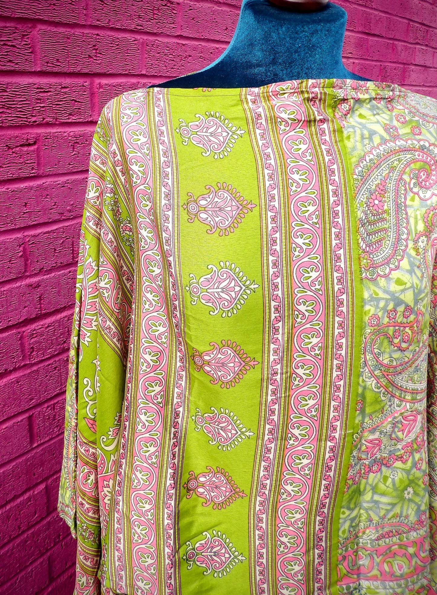 Sari Silk Poncho Top - Lime Green & Pink