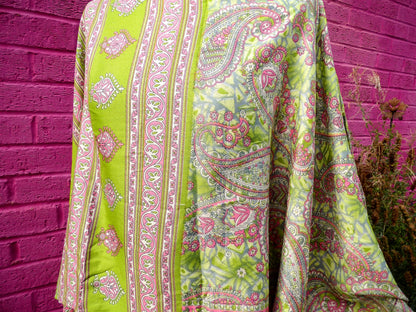 Sari Silk Poncho Top - Lime Green & Pink