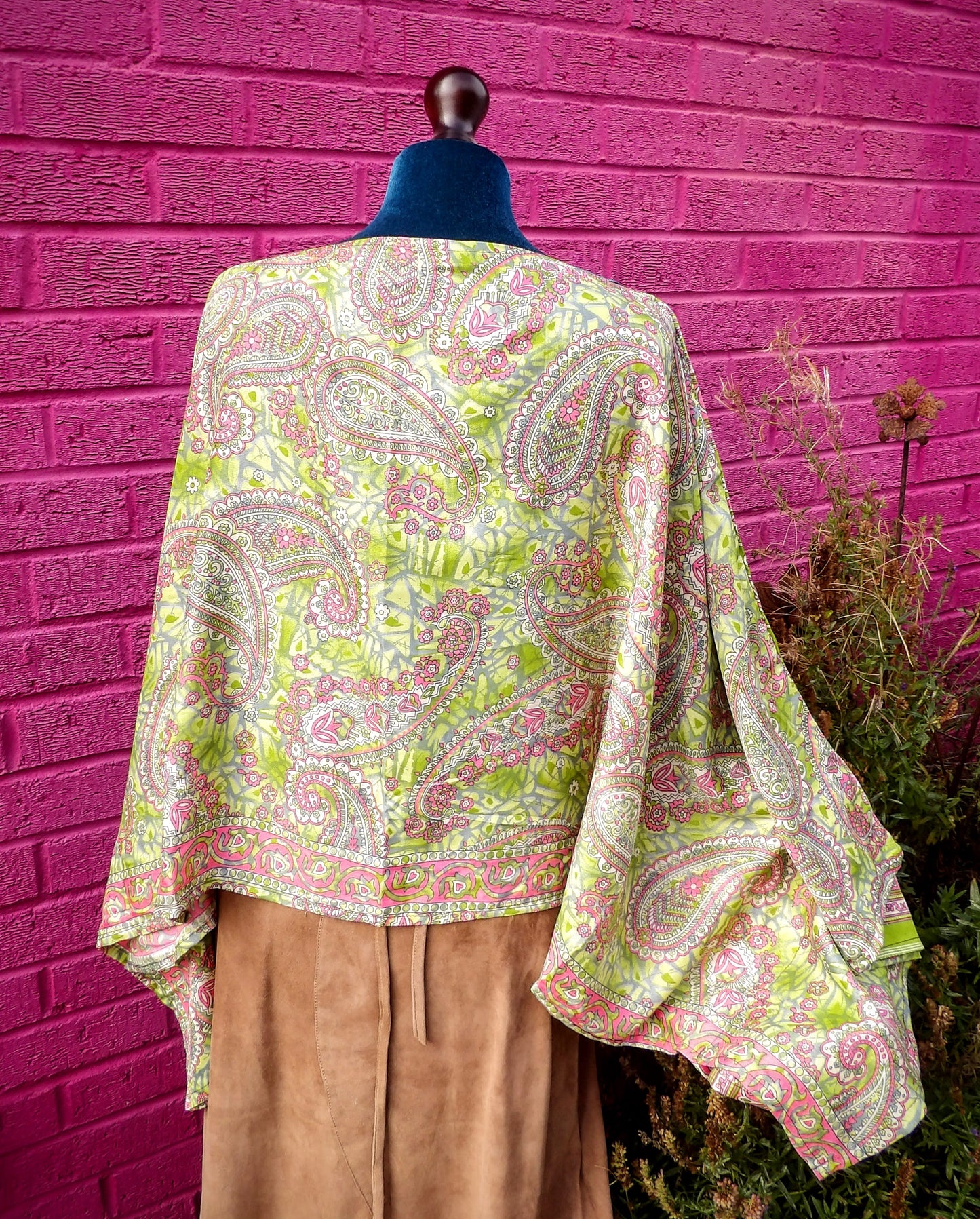 Sari Silk Poncho Top - Lime Green & Pink