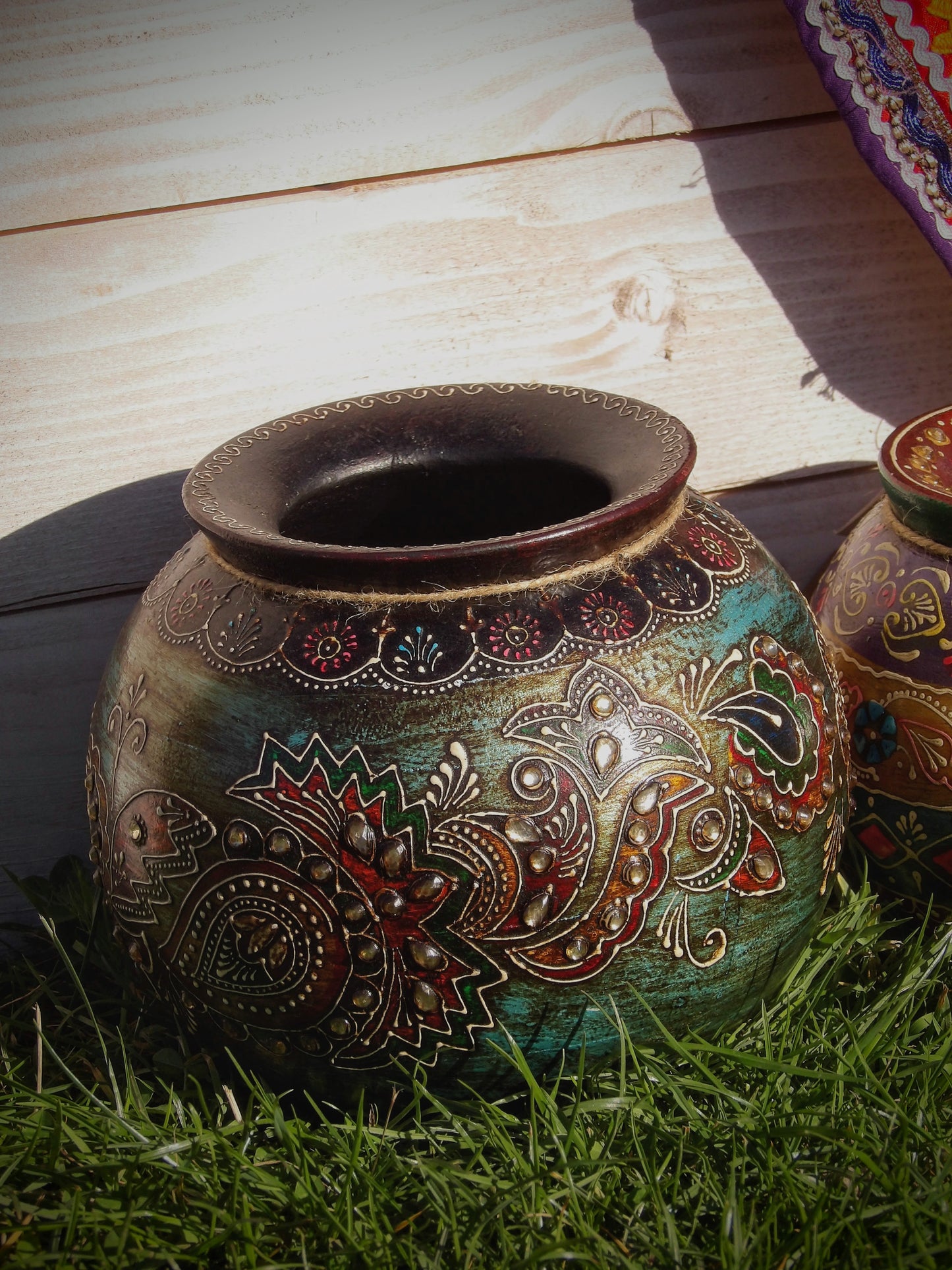 Hand Painted Wooden Pot - Large