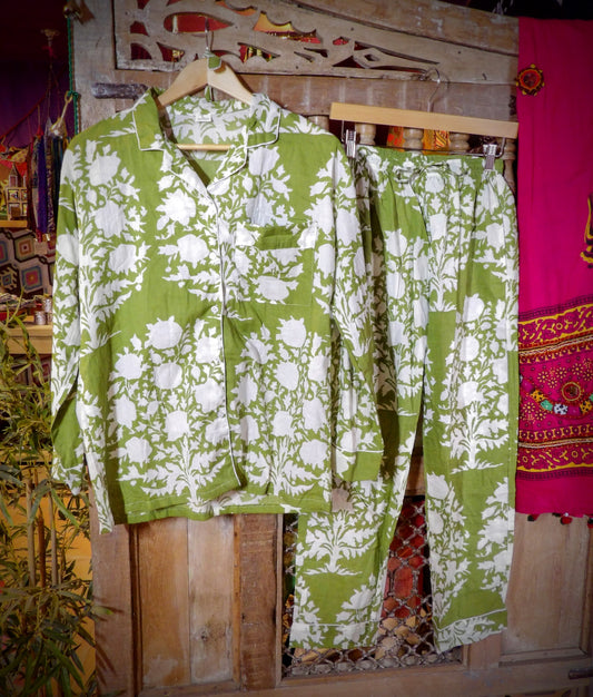 Indian Pjs - L Green with White Flowers