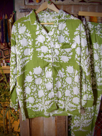 Indian Pjs - L Green with White Flowers