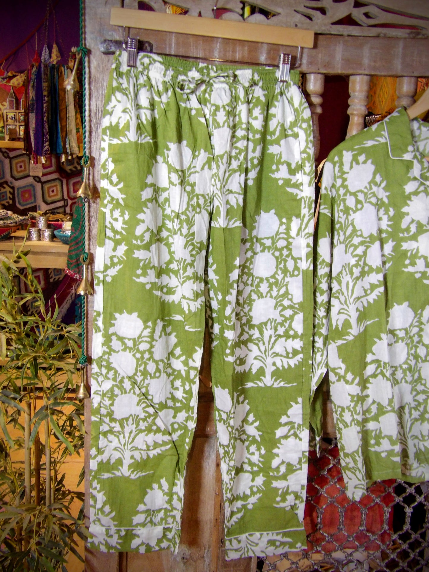 Indian Pjs - L Green with White Flowers