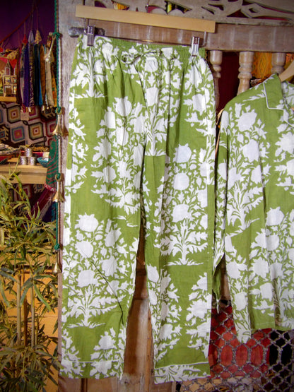 Indian Pjs - L Green with White Flowers