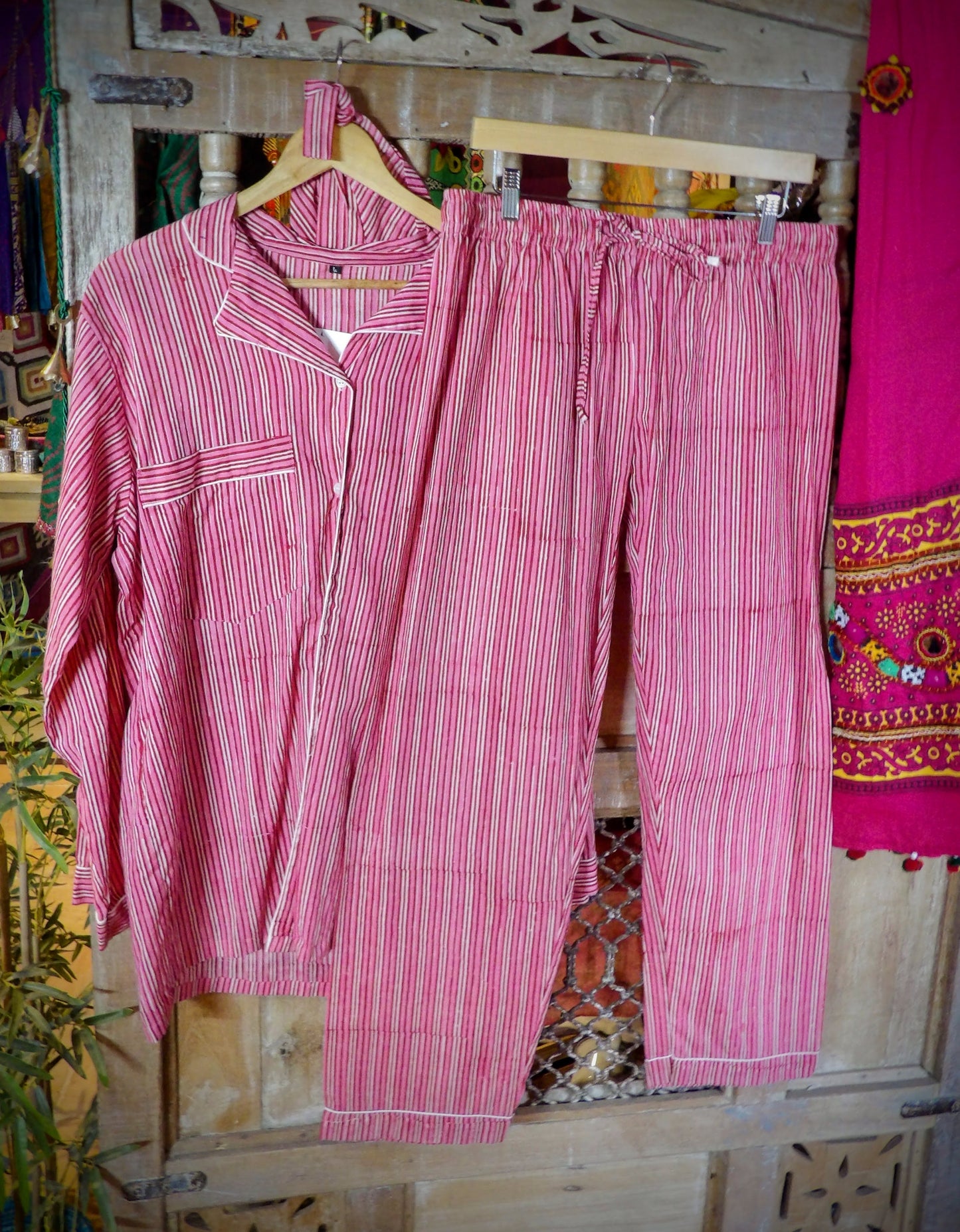 Indian Pjs - L Dark Pink Stripe