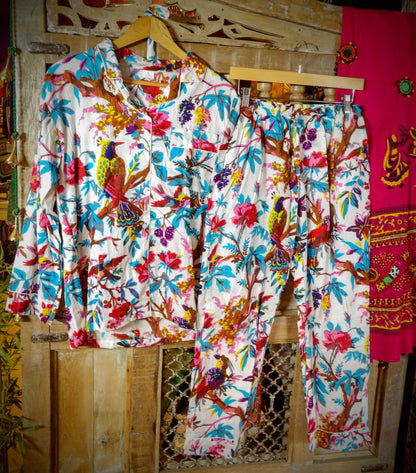 Indian Pjs - L White Turquoise with Birds