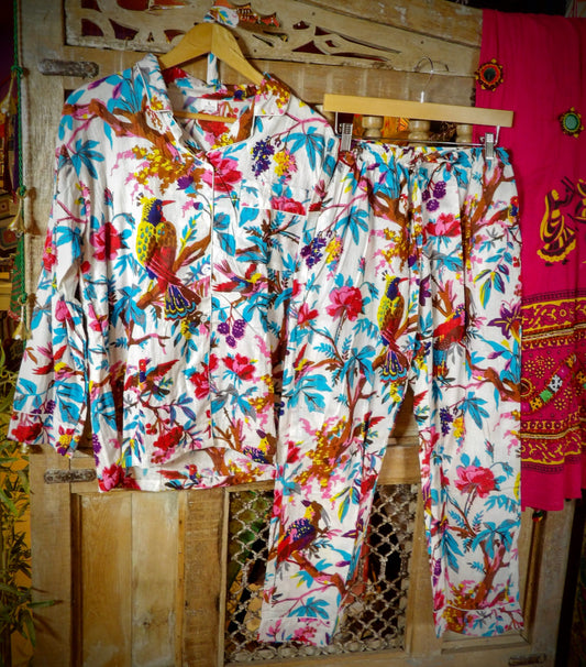 Indian Pjs - L White Turquoise with Birds