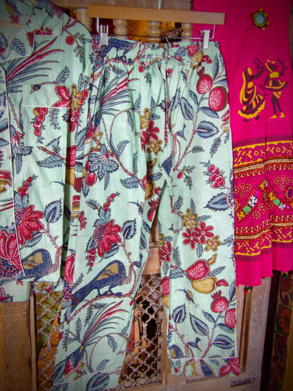 Indian Pjs - XL Pale Green with Birds