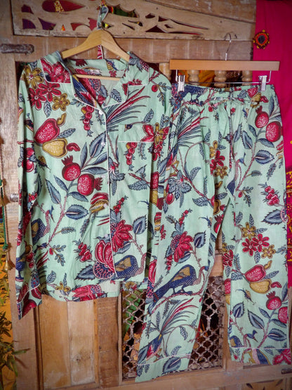 Indian Pjs - XL Pale Green with Birds