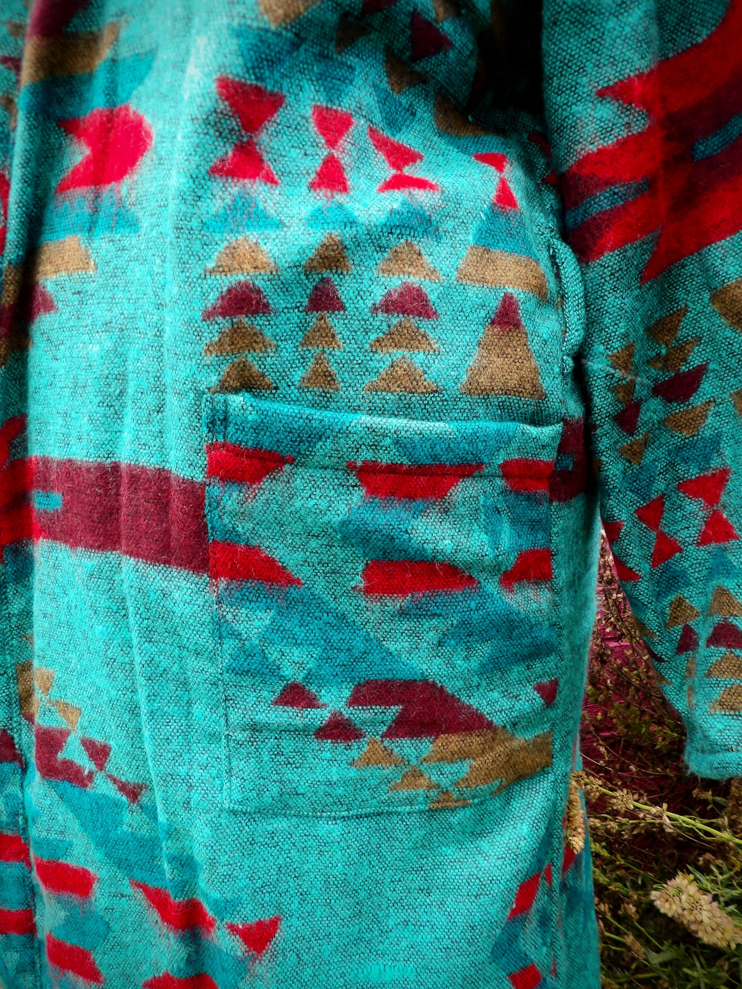 Unisex Yak Wool House Coat -Aztec - Emerald Green & Red