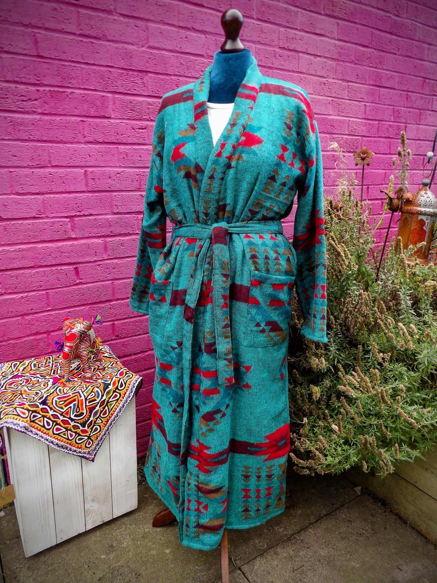 Unisex Yak Wool House Coat -Aztec - Emerald Green & Red