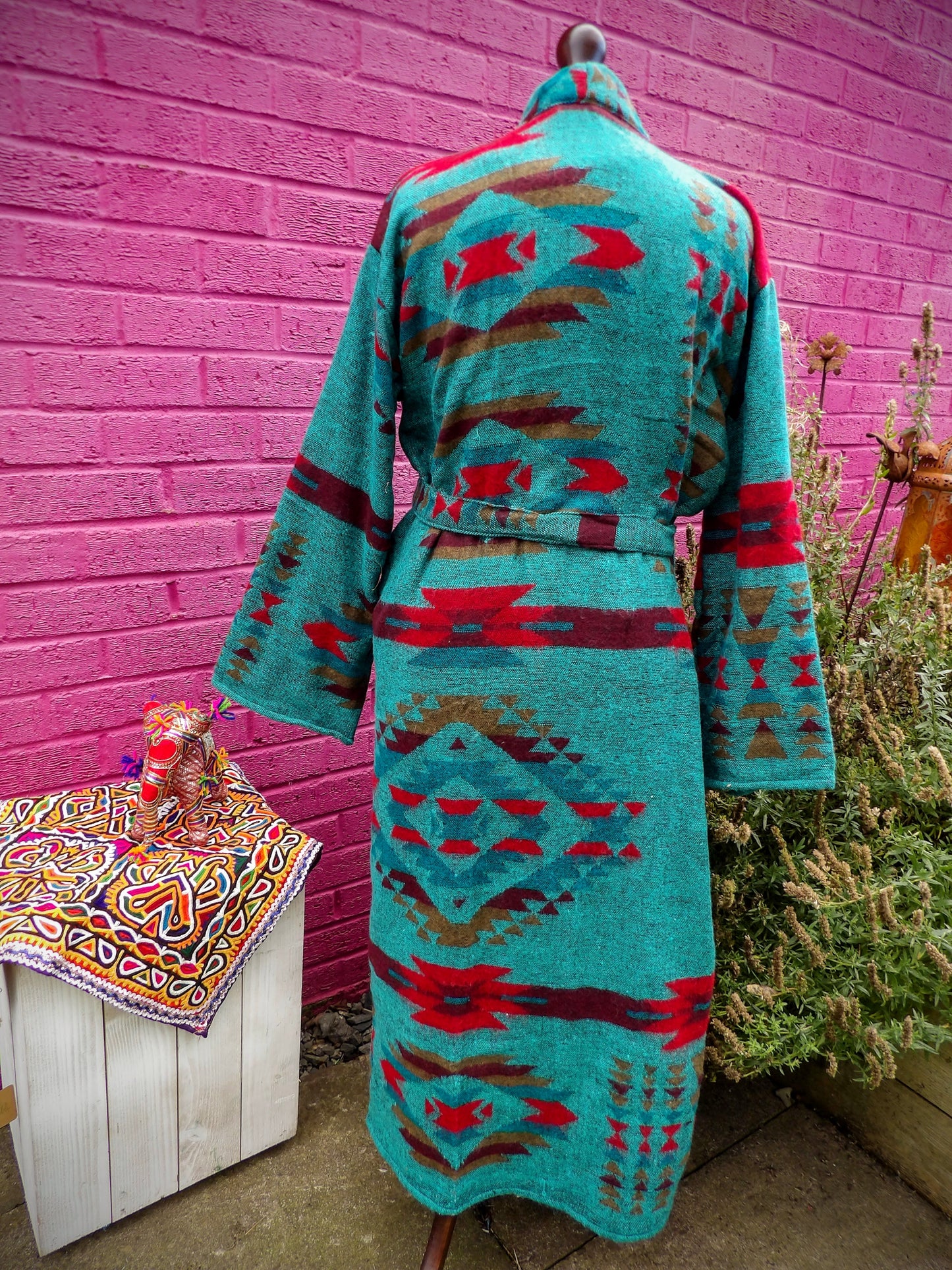 Unisex Yak Wool House Coat -Aztec - Emerald Green & Red