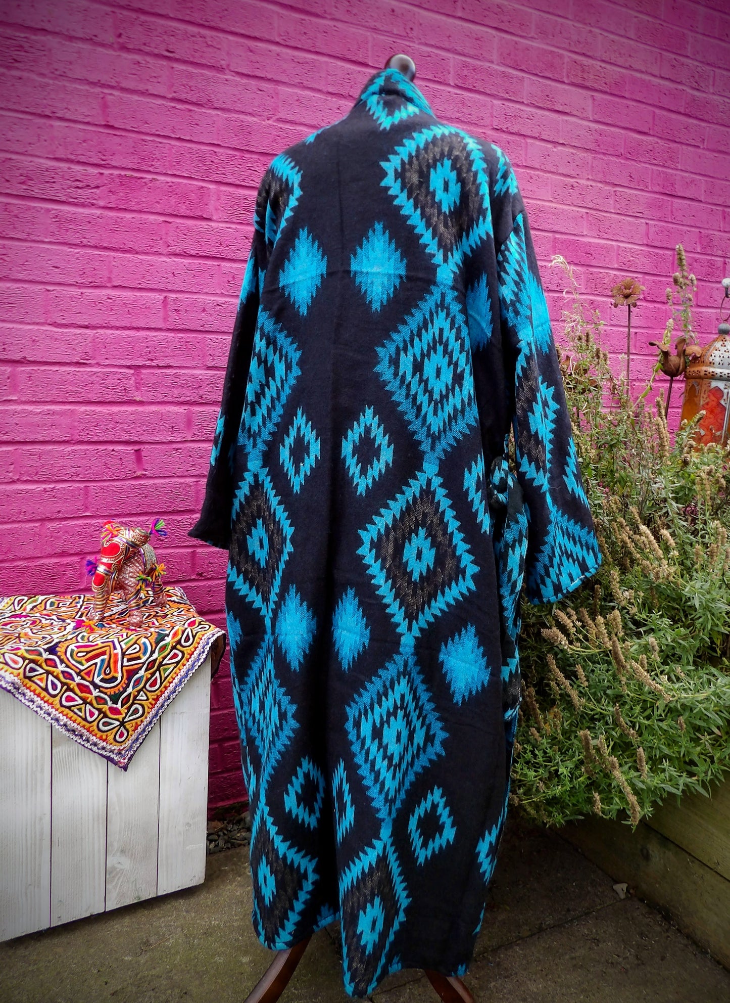 Unisex Yak Wool House Coat -Aztec - Blue & Black