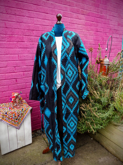 Unisex Yak Wool House Coat -Aztec - Blue & Black