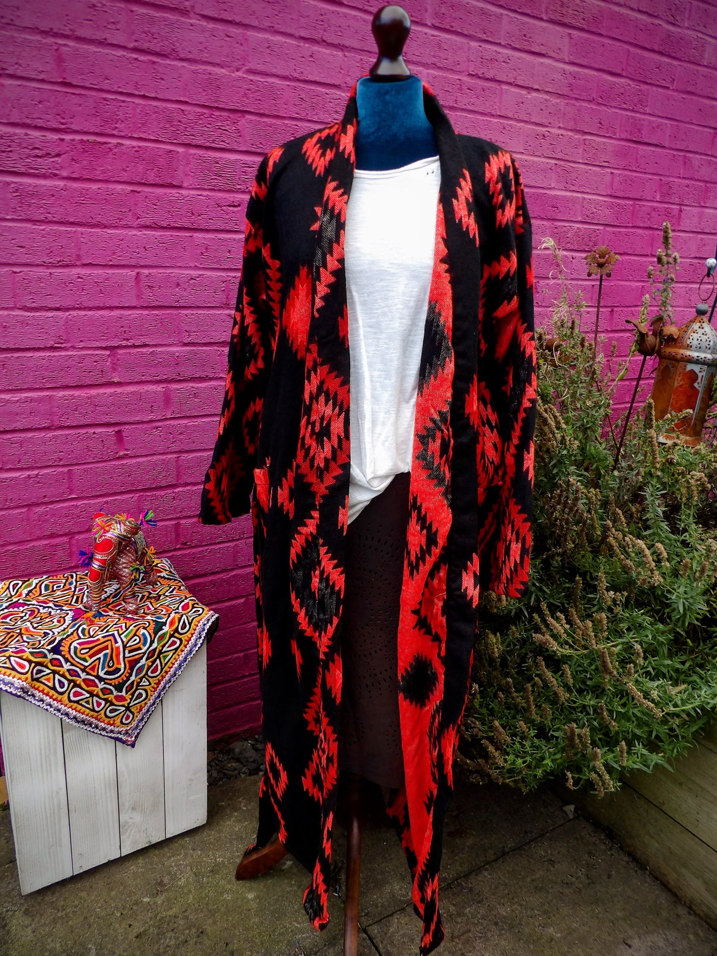 Unisex Yak Wool House Coat -Aztec - Red & Black