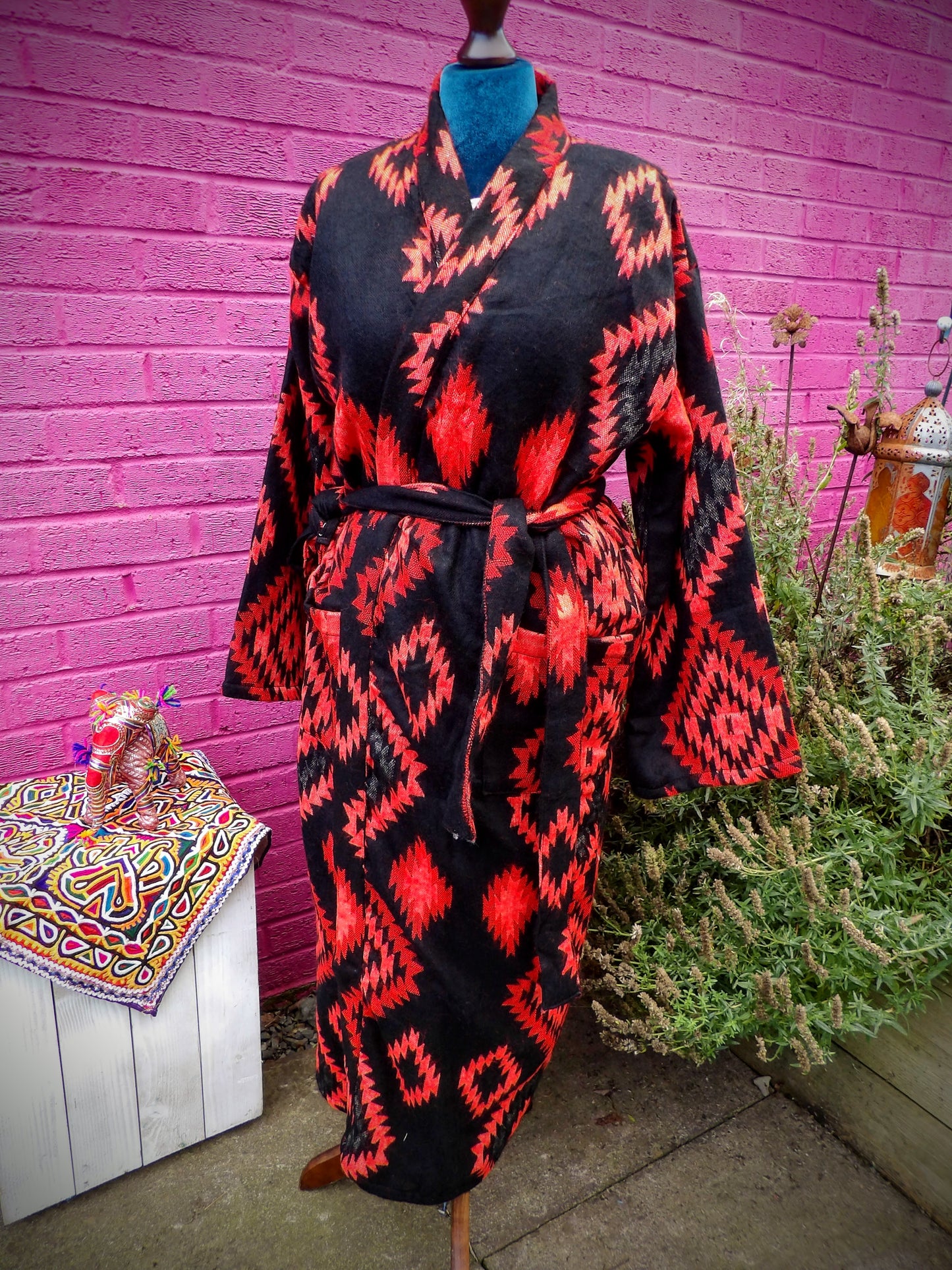 Unisex Yak Wool House Coat -Aztec - Red & Black