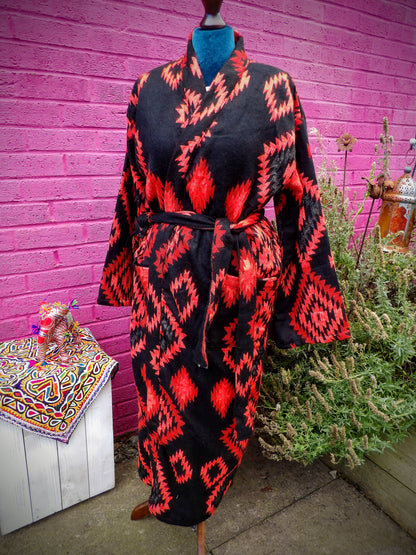 Unisex Yak Wool House Coat -Aztec - Red & Black