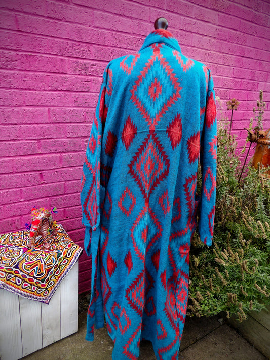 Unisex Yak Wool House Coat -Aztec - Turquoise & Red