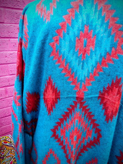 Unisex Yak Wool House Coat -Aztec - Turquoise & Red