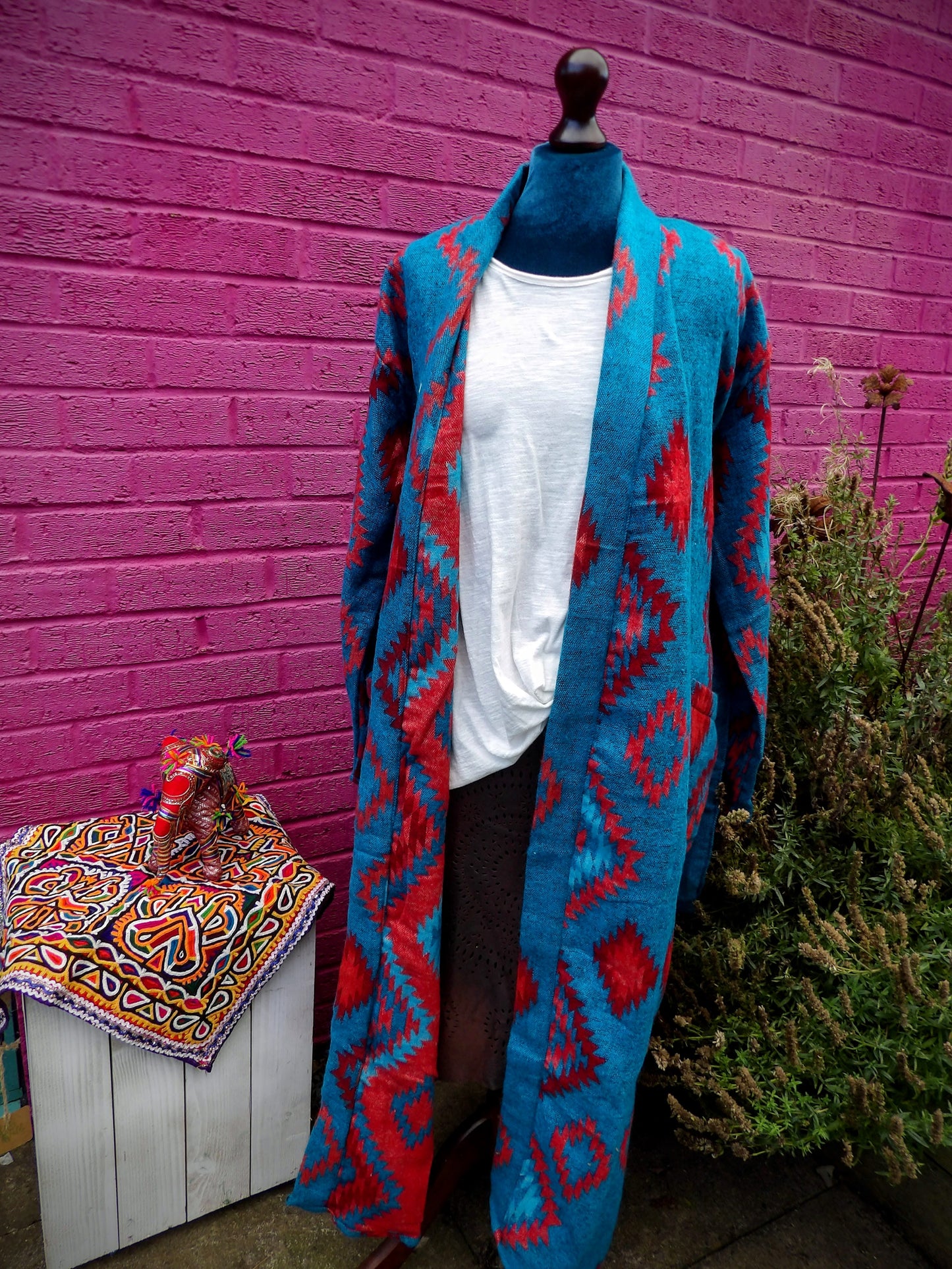 Unisex Yak Wool House Coat -Aztec - Turquoise & Red