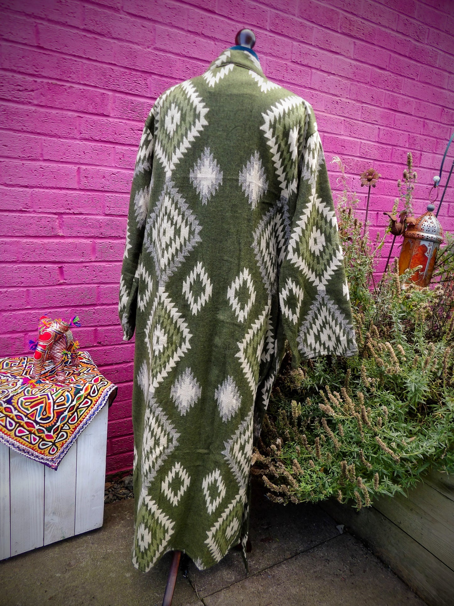 Unisex Yak Wool House Coat -Aztec - Olive Green