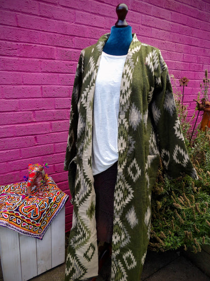 Unisex Yak Wool House Coat -Aztec - Olive Green