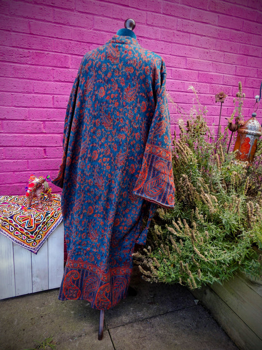 Unisex Yak Wool House Coat -Paisley Design - Turquoise & Orange