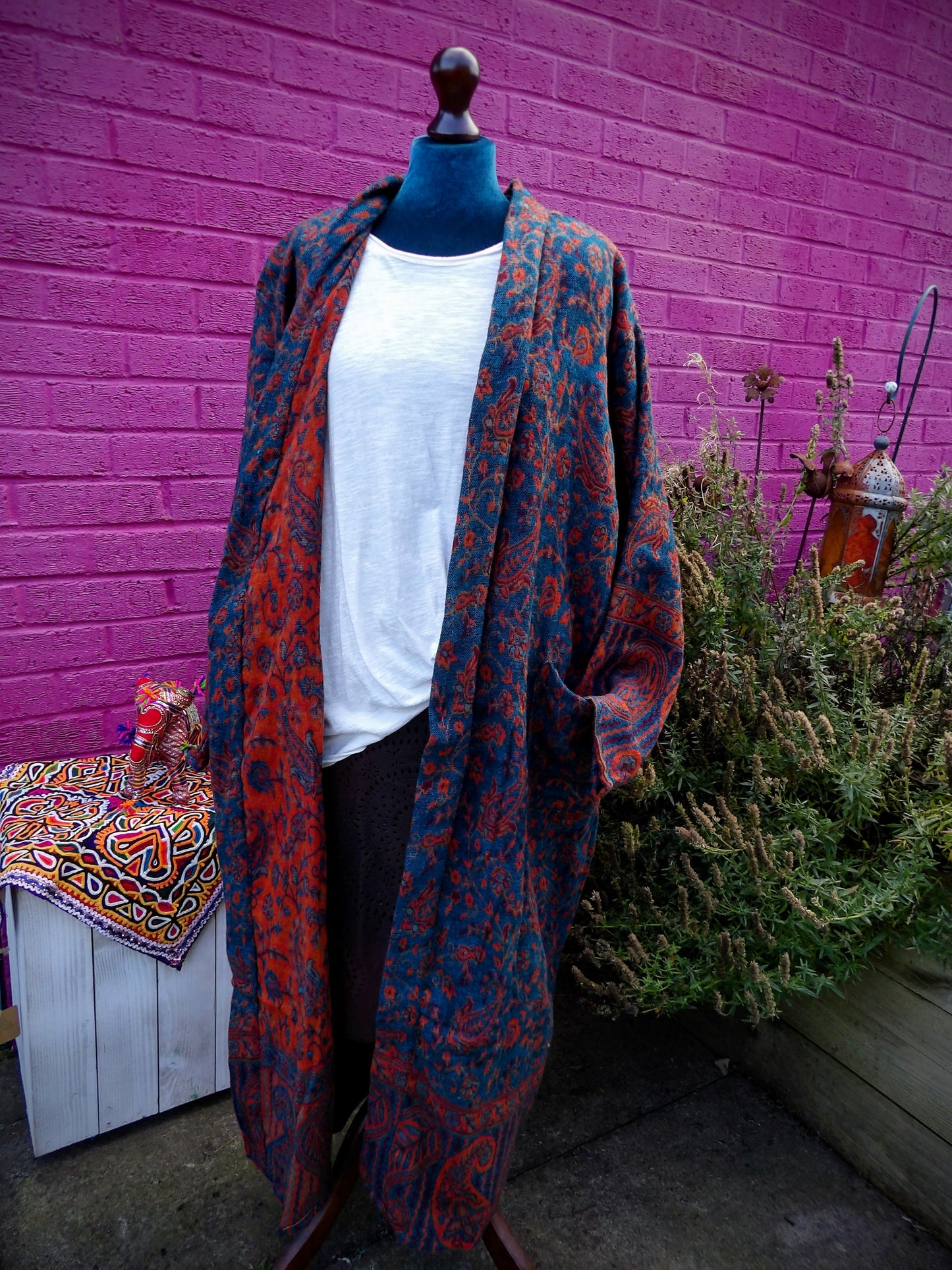 Unisex Yak Wool House Coat -Paisley Design - Turquoise & Orange