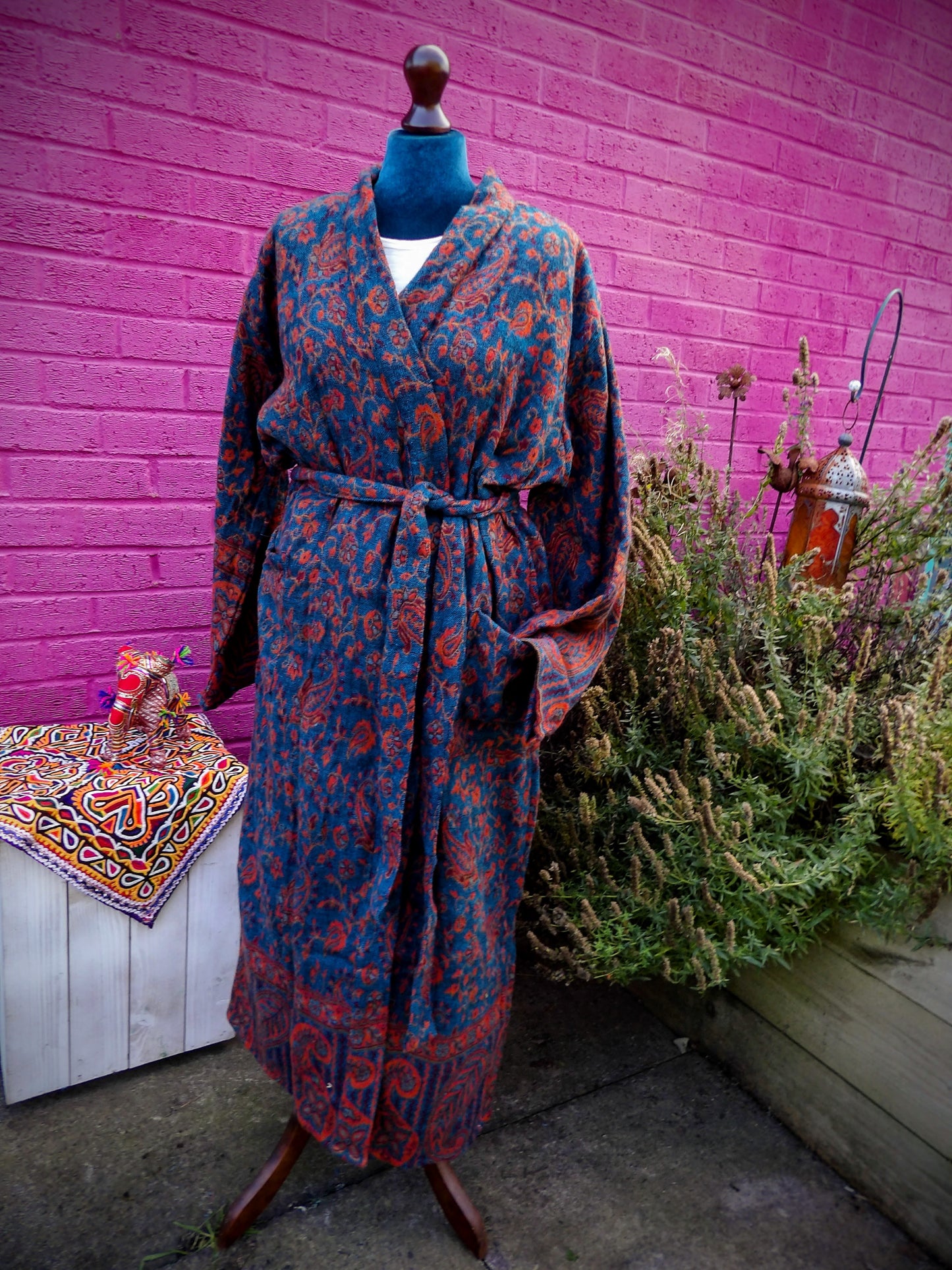 Unisex Yak Wool House Coat -Paisley Design - Turquoise & Orange