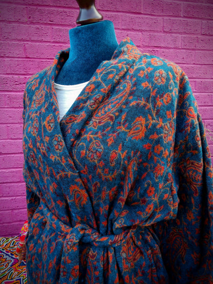 Unisex Yak Wool House Coat -Paisley Design - Turquoise & Orange