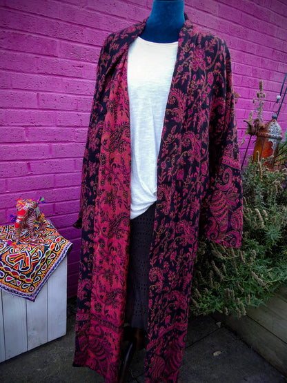 Unisex Yak Wool House Coat -Paisley Design - Pink & Black