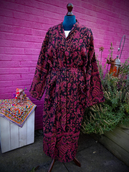 Unisex Yak Wool House Coat -Paisley Design - Pink & Black