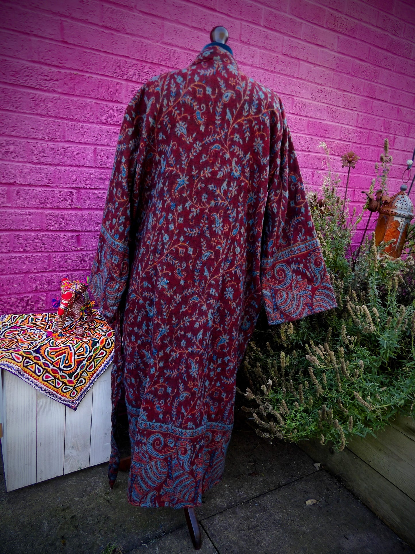 Unisex Yak Wool House Coat -Paisley Design - Burgundy