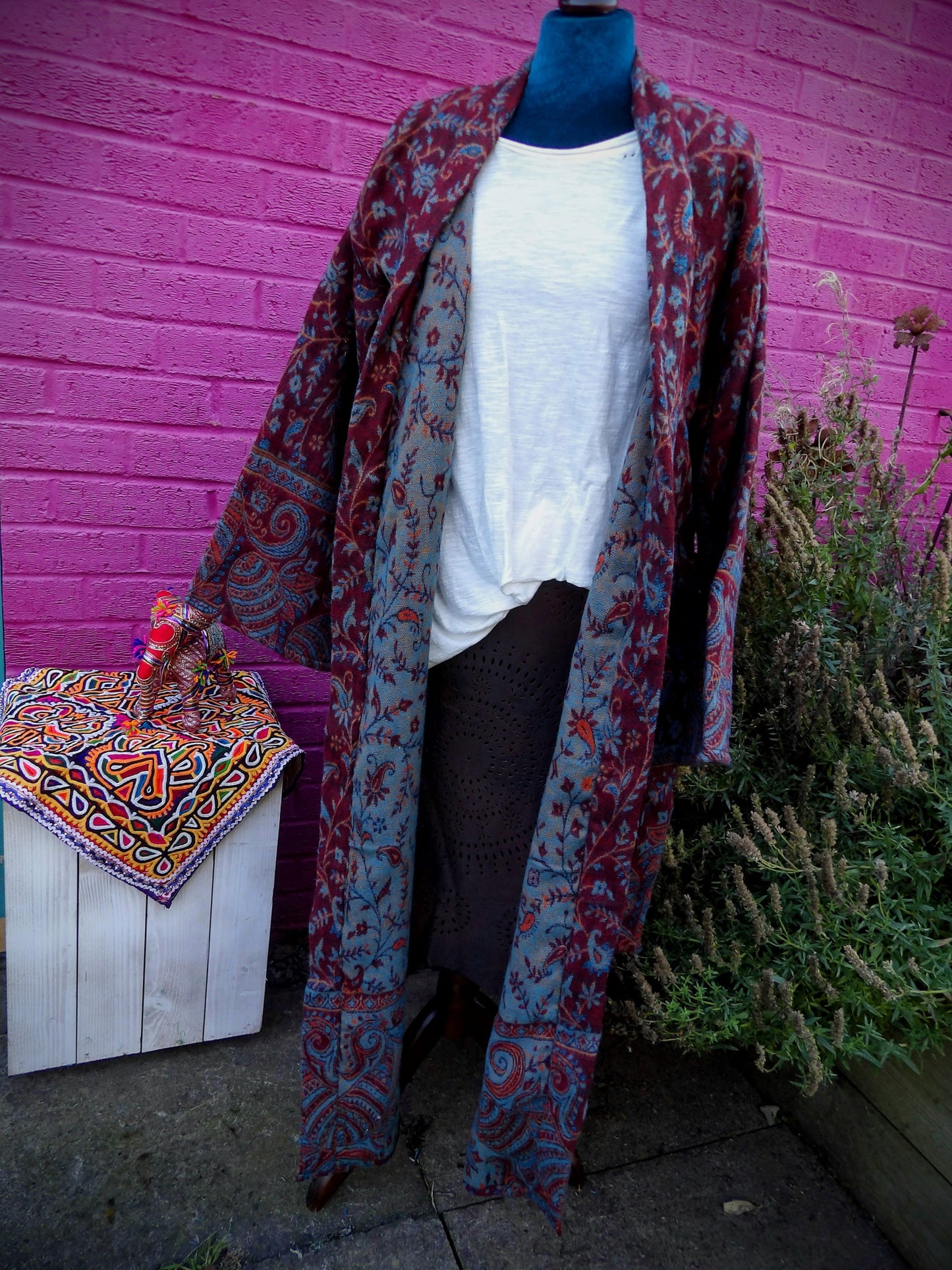 Unisex Yak Wool House Coat -Paisley Design - Burgundy