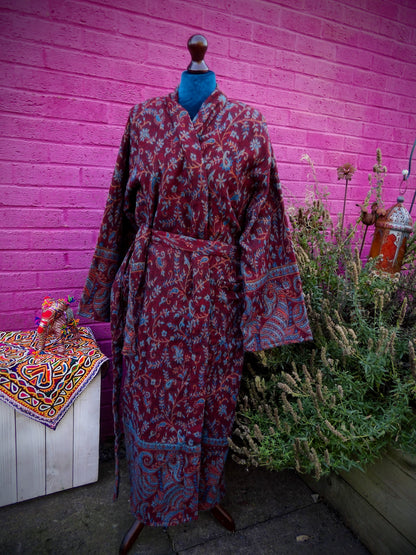 Unisex Yak Wool House Coat -Paisley Design - Burgundy