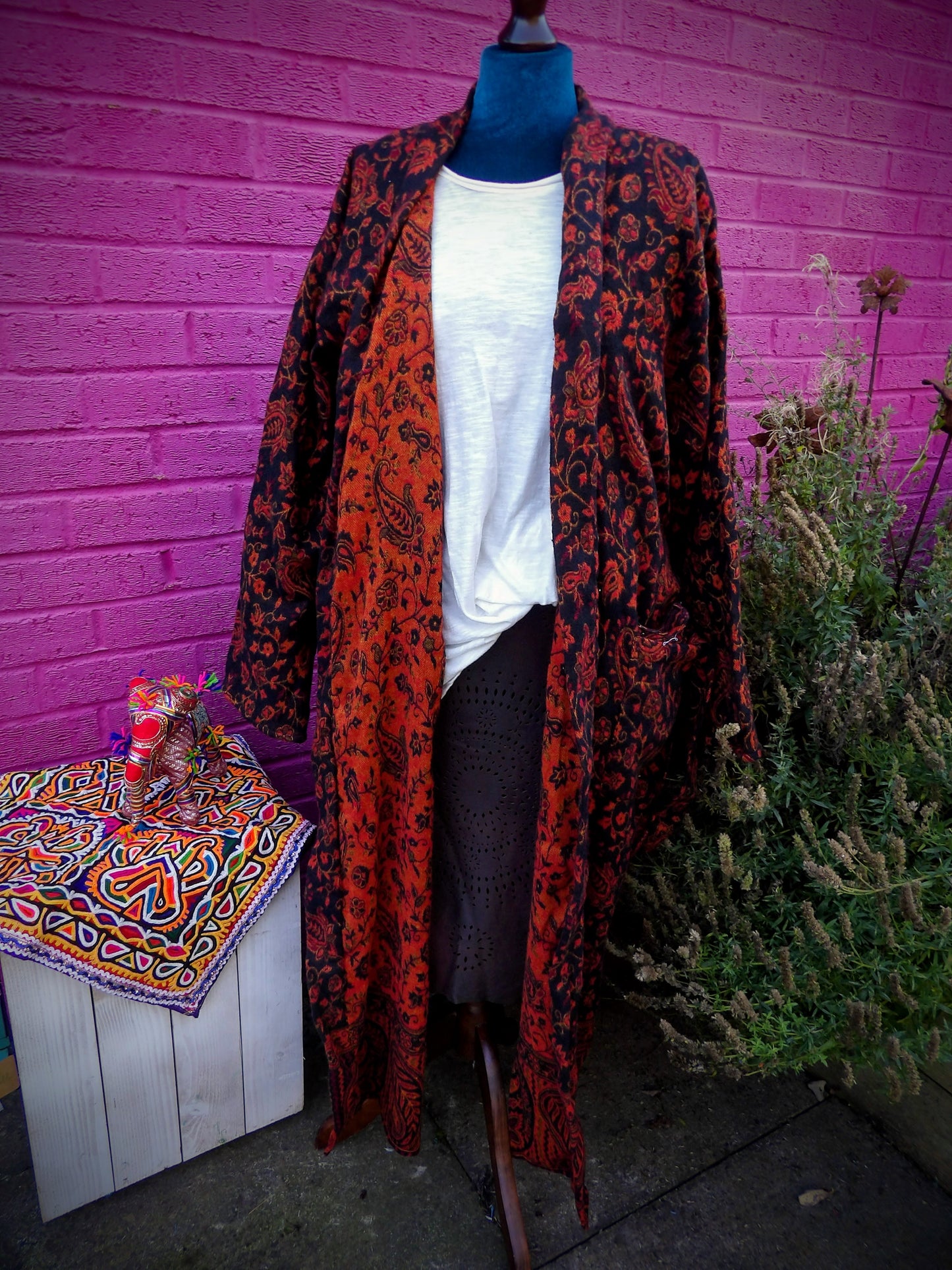 Unisex Yak Wool House Coat -Paisley Design - Orange & Black