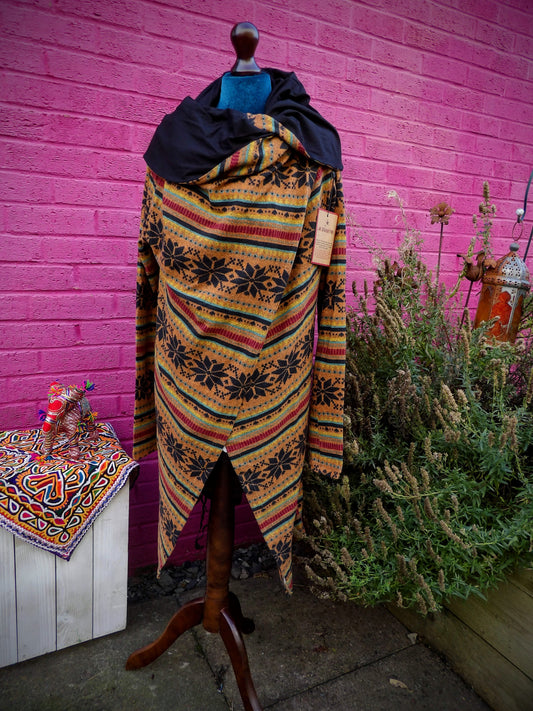 Bohemian Style Hooded Long Ethnic Cardigan - Mustard