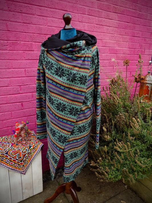 Bohemian Style Hooded Long Ethnic Cardigan - Blue