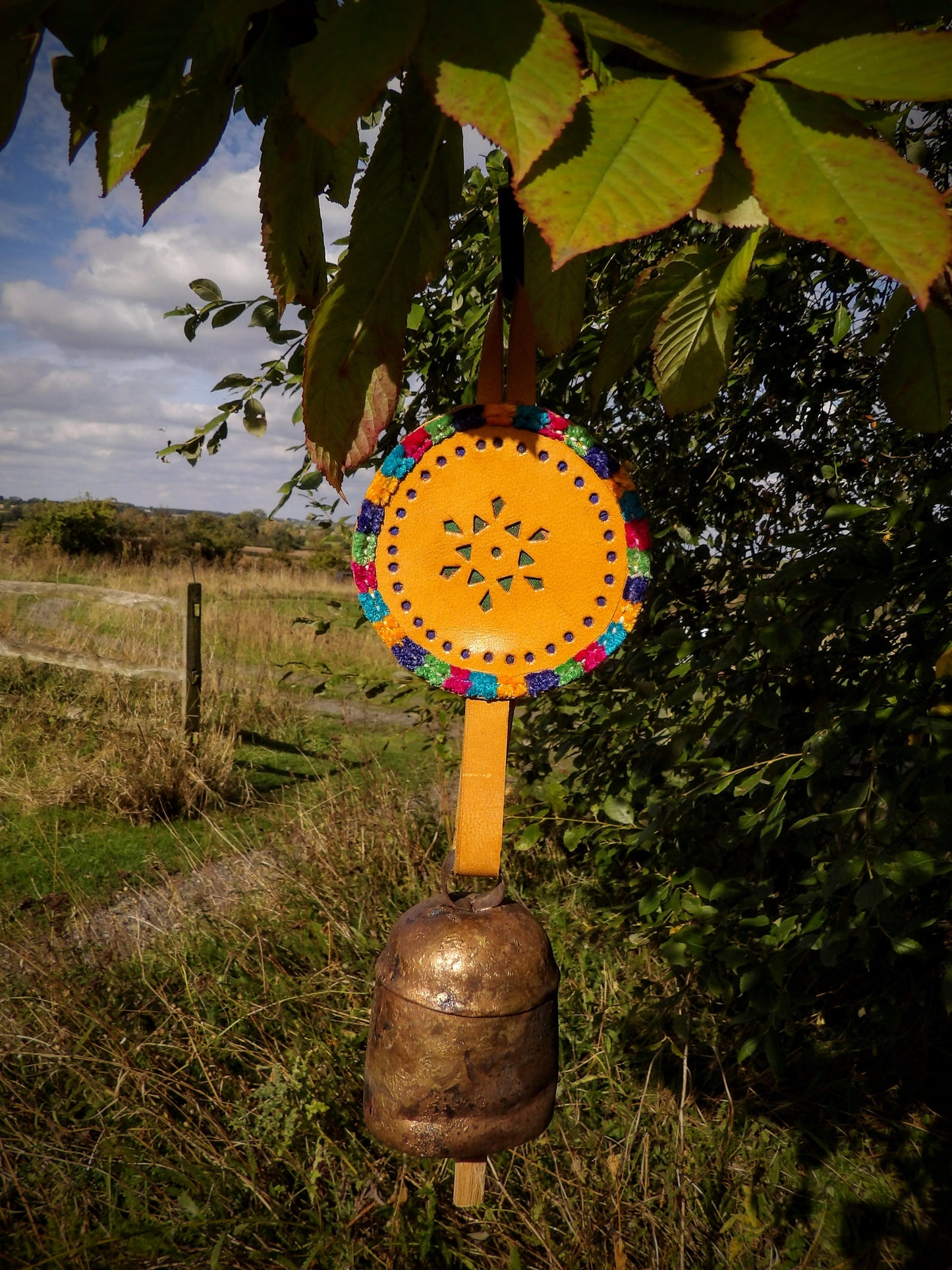 Kutch Copper Coated Bell with Leather Belt - Round