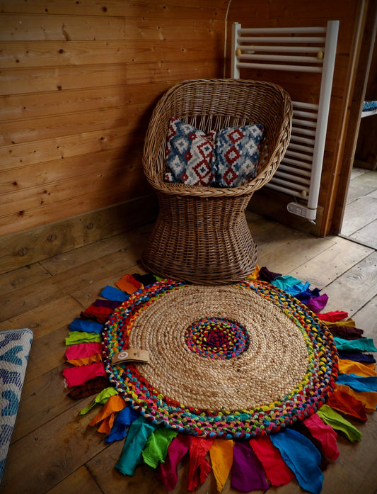 Keshar Jute/recycled cotton multi braided rug with frill