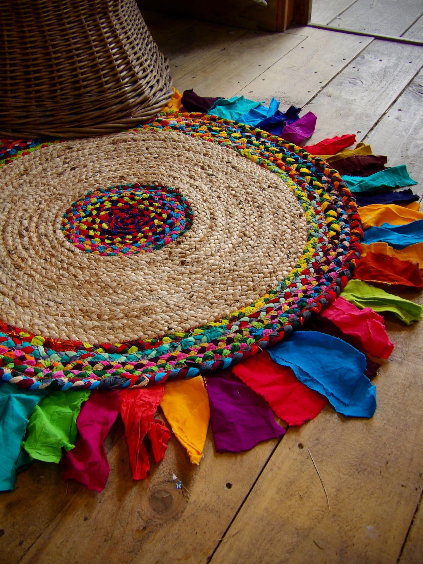 Keshar Jute/recycled cotton multi braided rug with frill