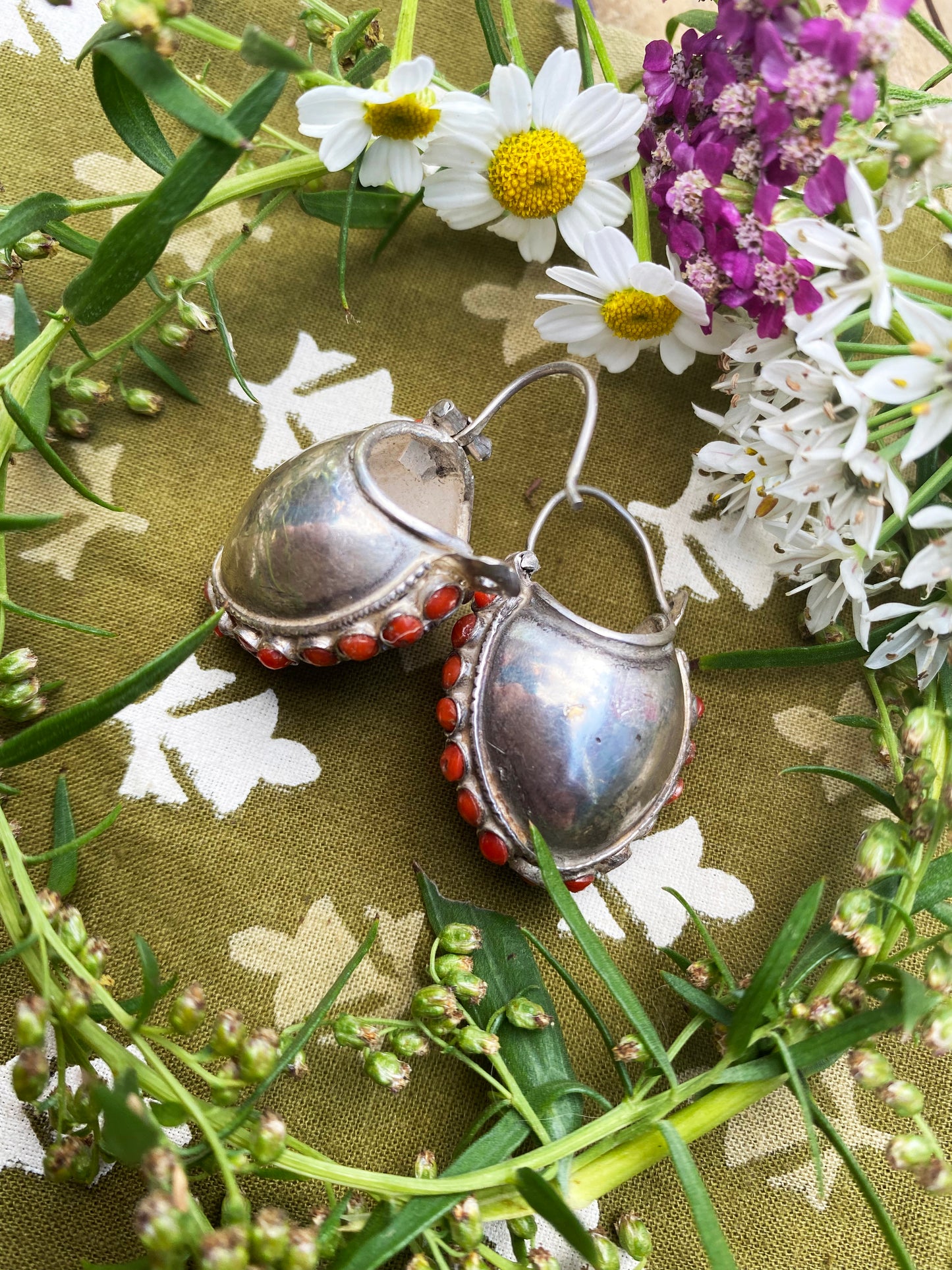 Tibetan Bucket Earrings with Coral Stones