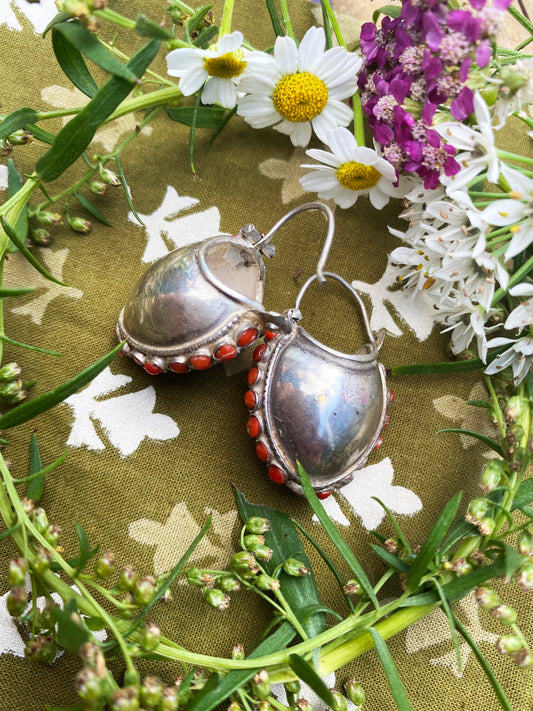 Tibetan Bucket Earrings with Coral Stones