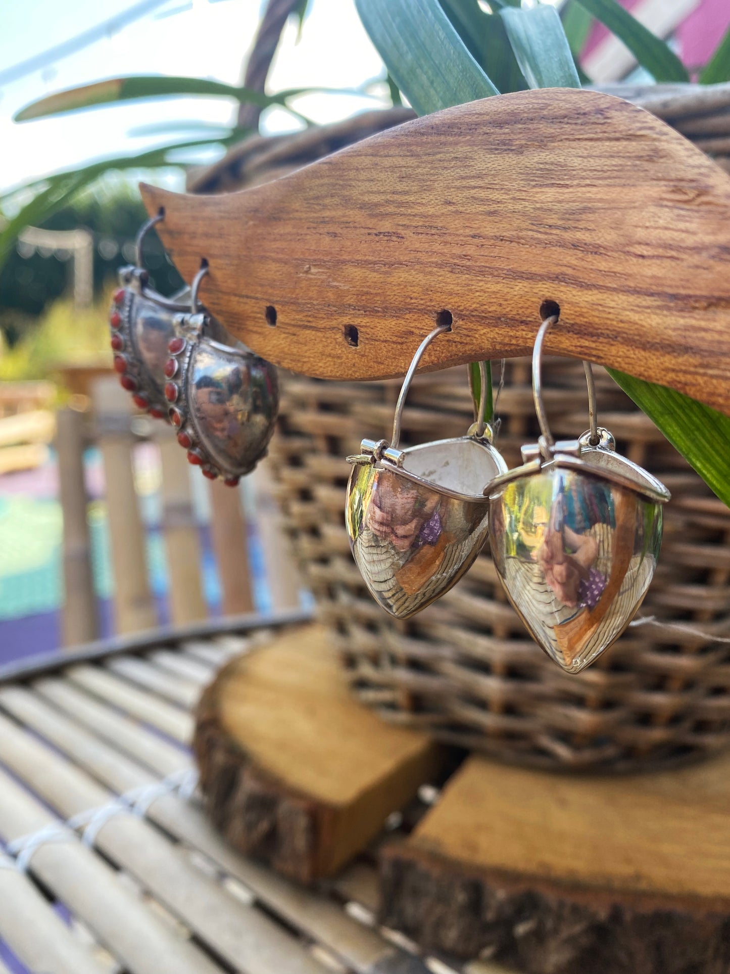 Tibetan Bucket Earrings with Coral Stones